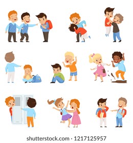 Kids bullying the weaks set, boys and girls mocking classmates, bad behavior, conflict between children, mockery and bullying at school vector Illustration