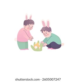Kids in Bunny Costumes Finding Easter Egg vector illustration