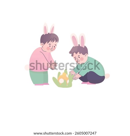 Kids in Bunny Costumes Finding Easter Egg vector illustration