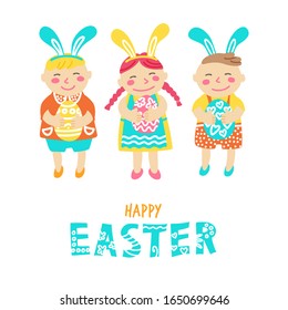 Kids with bunny ears hold painted eggs. Easter girl and boys. Happy easter lettering text. Vector illustration in cartoon flat style isolated on white background