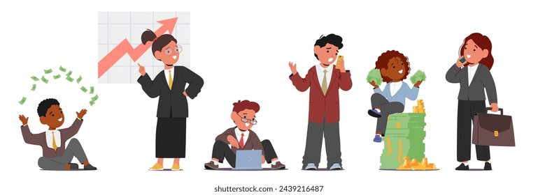 Kids Businessmen and Businesswomen Characters in Formal Suits, with Money and Presentation Charts. Young Entrepreneurs Engage In Business Activities And Financial Literacy. Cartoon Vector Illustration