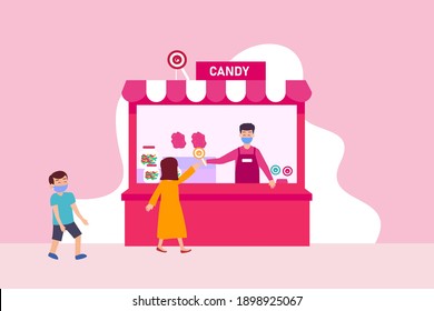Niños comprando el concepto de vector plano 2D de caramelos para banner, sitio web, ilustración, página de aterrizaje, volante, etc