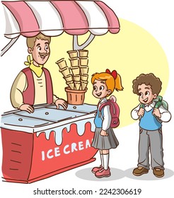 kids buying ice cream from the ice cream shop cartoon vector illustration