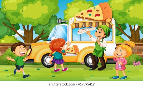 Kids buying pizza from pizza truck illustration