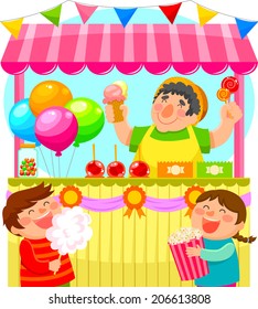 kids buying sweets from a festive candy stall