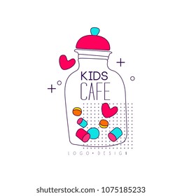 Kids cafe logo design, bright badge, label for childrens and baby food, restaurant, cafe vector Illustration on a white background