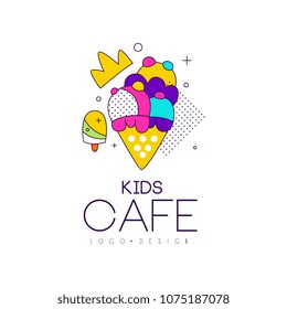 Kids cafe logo design, bright badge with ice cream, label for childrens and baby food vector Illustration on a white background