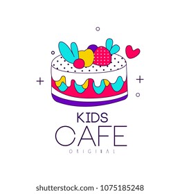 Kids cafe logo original, bright badge with cake, label for childrens and baby food vector Illustration on a white background