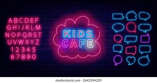 Kids cafe neon label. Restaurant menu for children. Baby club. Glowing sign. Shiny pink alphabet. Vector illustration