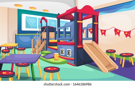 Kids Cafe Restaurant Concept With Mini Playground Pirate Theme, Table And Chairs, Food And Beverage For Vector Illustration Interior Design Ideas