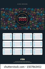 Kids Calendar 2020 with hand draw doodle background