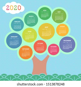 Kid's calendar 2020. Vector design for a children's wall. Lovely tree. Wavy blue pattern. Green grass. Colorful ornament for wallpaper in a nursery, kindergarten or school. Baby paper craft