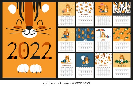 Kids calendar for 2022 year template with cute cartoon character orange tiger and striped patterns. Flat vector illustration for baby