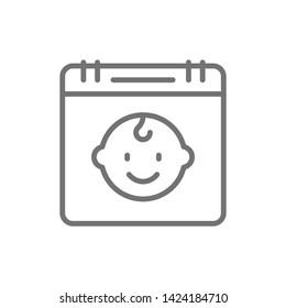 Kids calendar, baby birthday line icon.