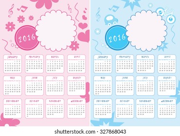 Kids Calendar of New Year 2016 - Two Versions for Girls and Boys - EPS Vector Template