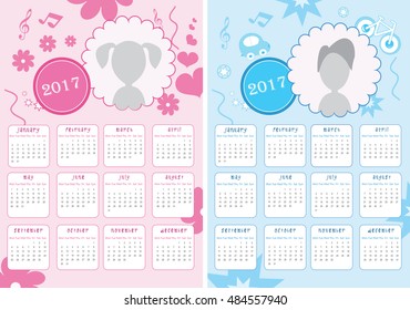 Kids Calendar of New Year 2017 - Two Versions for Girls and Boys - EPS Vector Template