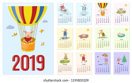 Kids calendar for wall 2019 year of pig. Set of the 12-month isolated pages with  illustrations of piglets. English language. Week starts on Sunday. eps 10
