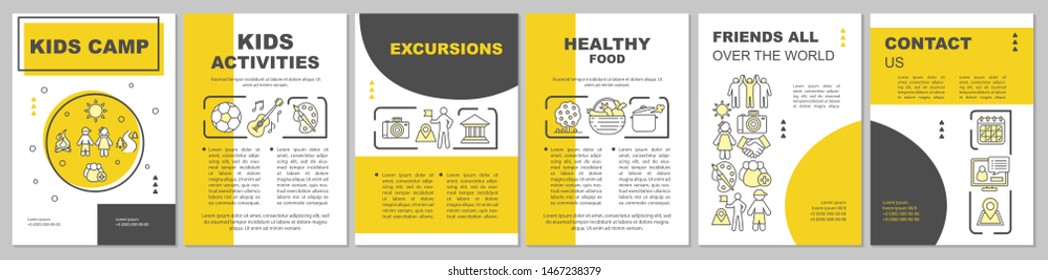Kids camp organisation advertisement brochure template layout. Flyer, booklet, leaflet print design with linear illustrations. Vector page layouts for magazines, annual reports, advertising posters