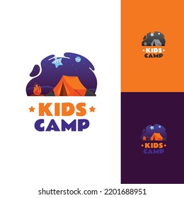 Kids Camp Pictoral Logo In The Night Under The Moonlight Logo Template Fun Style With Orange Blue Black Color For Kindergarten Kids Community School 