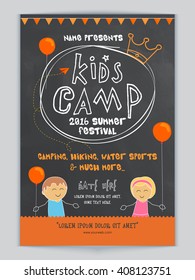 Kids Camp, Summer Festival celebration Template, Banner or Flyer design with illustration of cute kids and party details.