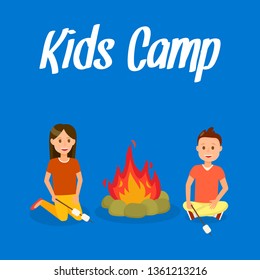 Kids Camp Vector Travel Postcard with Lettering. Girl and Boy Sitting near Bonfire Flat Illustration. Sister and Brother Cartoon Characters. Siblings Roasting Marshmallows on Sticks. Summer Holiday