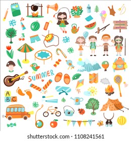 Kids camping cartoon vector illustration. Set of Kids camp elements and icons, cartooning illustrations about childhood, summer, camping and games for children