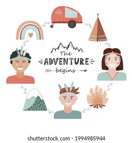 Kids camping concept in tribal style, adventure frame with The Adventure Begins lettering. Recreation and outdoor travel background, vector illustration.