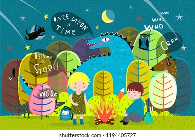 Kids camping Forest fire with dragon. Magic forest kids camping at night with fairy tale animals.