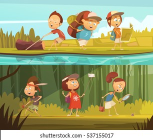 Kids camping horizontal cartoon banners set with map and selfie isolated vector illustration 