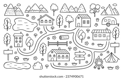 Kids camping map doodle. Village map with mountains, forest, roads, house, river, landscape in sketch style. Hand drawn vector illustration isolated on white background