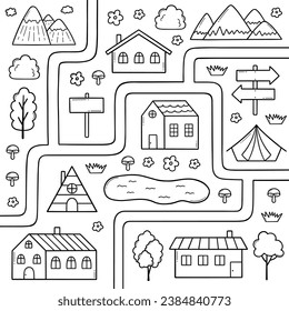 Kids camping map doodle. Village map with mountains, forest, roads, house, river, landscape in sketch style. Hand drawn vector illustration isolated on white background