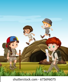 Kids camping out by the cave illustration