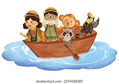 Niños con traje de camping y animales salvajes en barco. Pintura acuarela realista con textura de papel. Diseño de caricaturas. Vector.