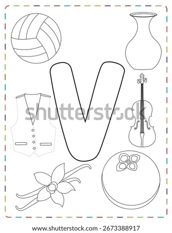 Kids can learn the letter V through a fun printable worksheet that includes pictures of a vest, vase, violin, volleyball, vegetables, and vanilla to build their vocabulary and alphabet skills.