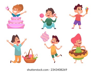 Kids and candy. Happy children holding and eating different delicious food sweets cakes ice cream exact vector illustrations