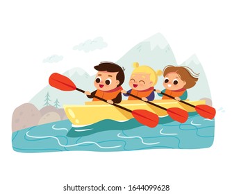 Kids in canoe. Summer activity.  School children kayaking.