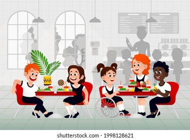 Kids In A Canteen Buying And Eating Lunch. Children Eat In School Canteen