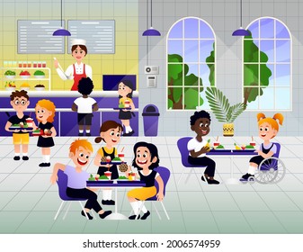 Kids In A Canteen Buying And Eating Lunch. Children Eat In School Canteen. Vector Illustration EPS10