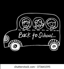 Kids with car go to school. Cartoon style.