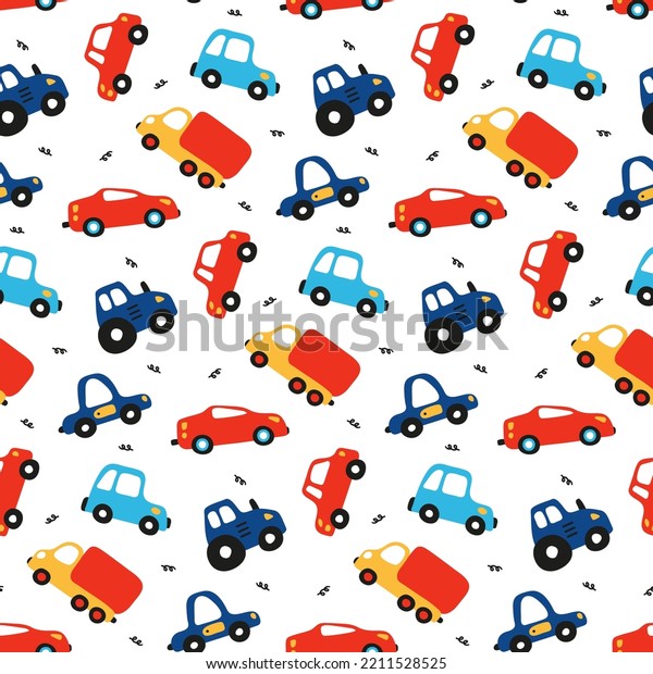 Kids car pattern. Transport wallpaper background\
on white. Hand drawn passenger car, tractor, truck for baby fabric\
print. City road ornament for infant textile, clothes for newborn\
boy. Flat picture.