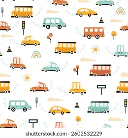 kids car seamless pattern city transportation cartoon plant cloud, baby, kids, seamless Scandinavian, house, signal