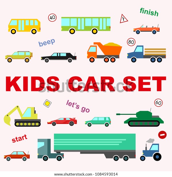 Kids car set colorful cartoon style on white\
background for pattern, game, printing on fabric, decoration, gift\
wrap, scrapbooking, banner, greeting card, sale, promotion, party.\
Vector 10 eps