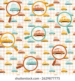 kids car transportation seamless pattern, different transportation path, train, bus car, cloud, sun, tree, signal, check, creative