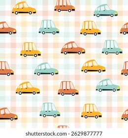 kids car transportation seamless pattern, different transportation path, train, bus car, cloud, sun, tree, signal, check, creative