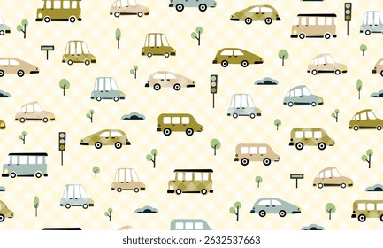 crianças carro transporte padrão sem costura, diferentes transportes, nuvem, árvores, cheque, efeito grunge, criativo, infantil padrão sem costura