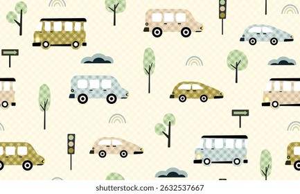 kids car transportation seamless pattern, different transportations, cloud, trees, check, grunge effect, creative, childish seamless pattern