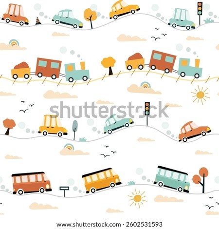 kids car transportation seamless pattern, different transportation path, train, bus car, cloud, sun, tree, signal