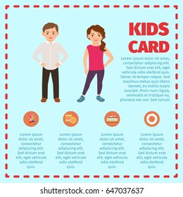 Kids card infographic with boy and girl in trendy clothes and sweets icons. Vector illustration