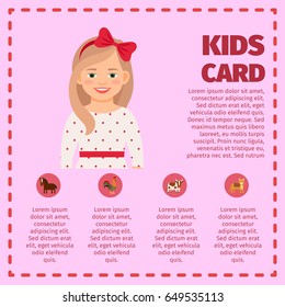 Kids card infographic cute girl and animal toys icons. Vector illustration