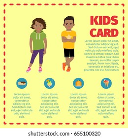 Kids card infographic with sweets and ice-cream on the yellow background. Vector illustration